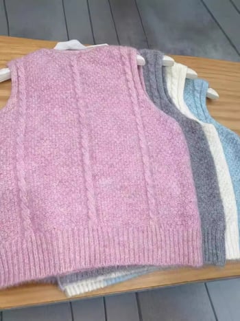 Gri vestă tricotată în stil vintage pentru femei, decolteu în V, croială lejeră, pentru primăvară și toamnă