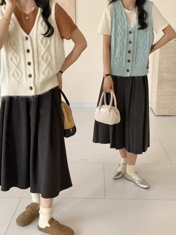 Gri vestă tricotată în stil vintage pentru femei, decolteu în V, croială lejeră, pentru primăvară și toamnă