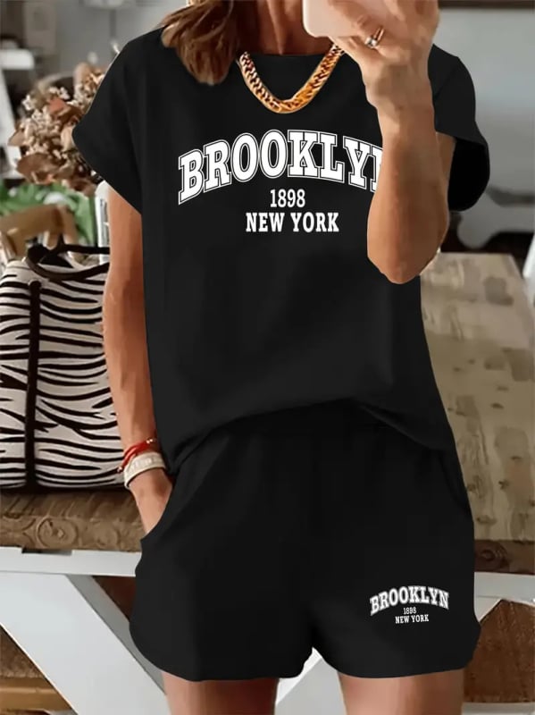 Set pentru femei, casual, cu tricou și șorturi, imprimare cu litere – A771