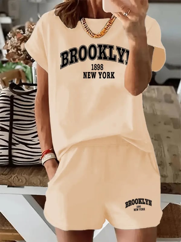 Set pentru femei, casual, cu tricou și șorturi, imprimare cu litere – A771