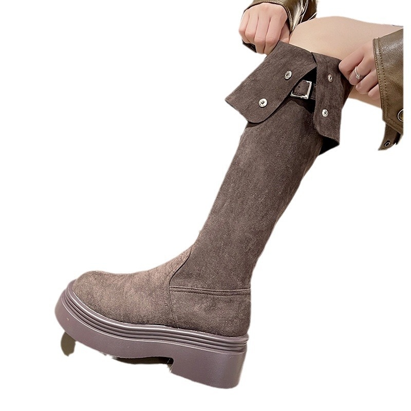 Γυναικείες μπότες πάνω από το γόνατο, microfiber επάνω μέρος, στρογγυλή μύτη, φαρδύ τακούνι