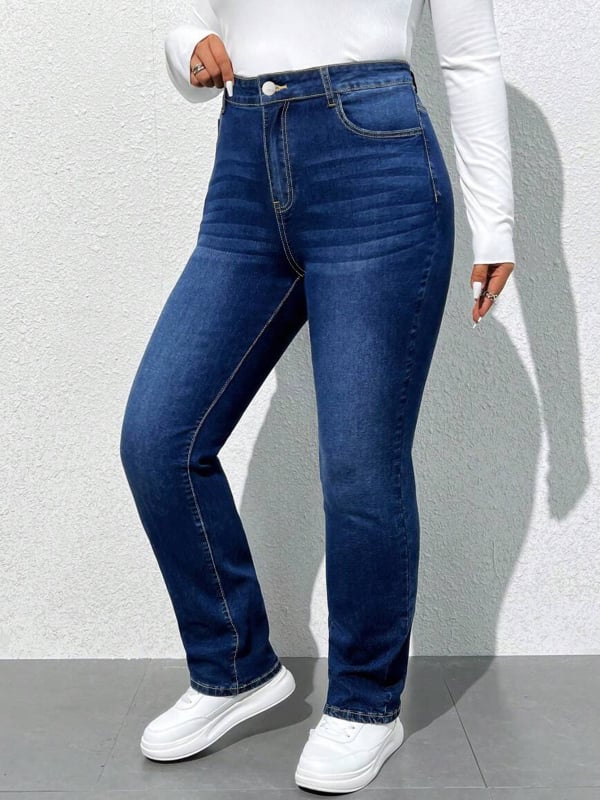 Plusz méretű retro egyenes farmer, tavasz–ősz, klasszikus casual, elasztikus, karcsúsító, magas derekú