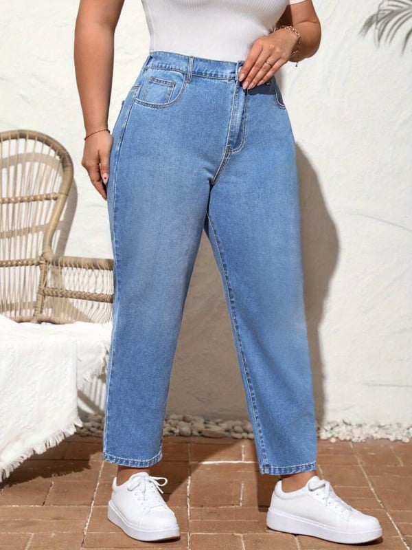 Plusz méretű retro egyenes farmer, tavasz–ősz, klasszikus casual, elasztikus, karcsúsító, magas derekú