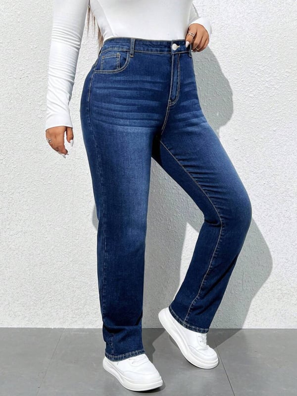 Plusz méretű retro egyenes farmer, tavasz–ősz, klasszikus casual, elasztikus, karcsúsító, magas derekú