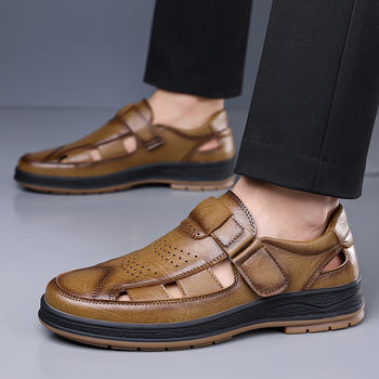 Ανδρικά σανδάλια από μαλακό δέρμα με Velcro, διαπνέοντα, κλειστή μύτη, επίπεδη σόλα