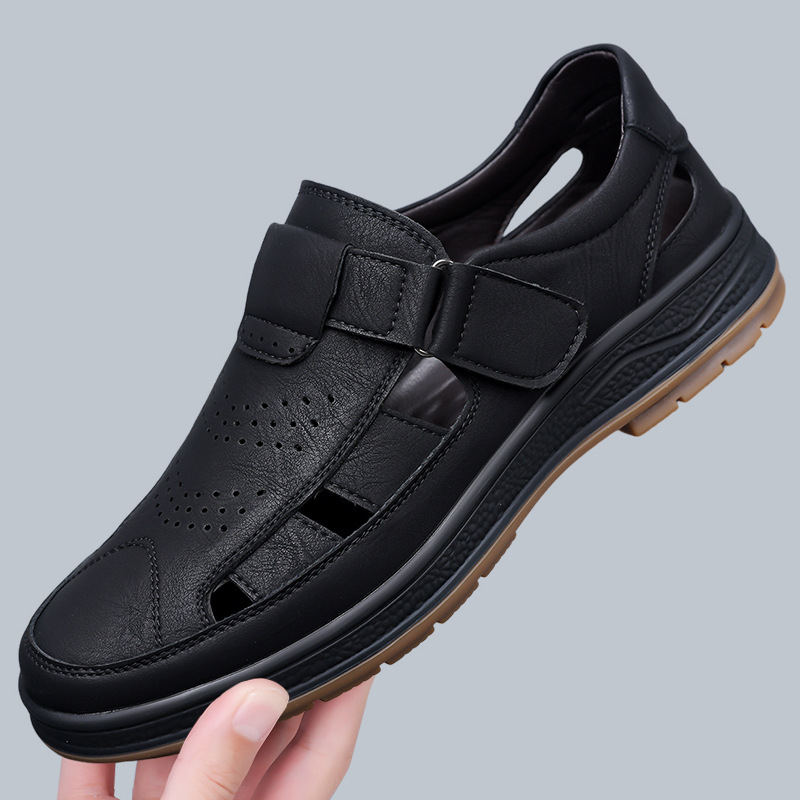 Ανδρικά σανδάλια από μαλακό δέρμα με Velcro, διαπνέοντα, κλειστή μύτη, επίπεδη σόλα