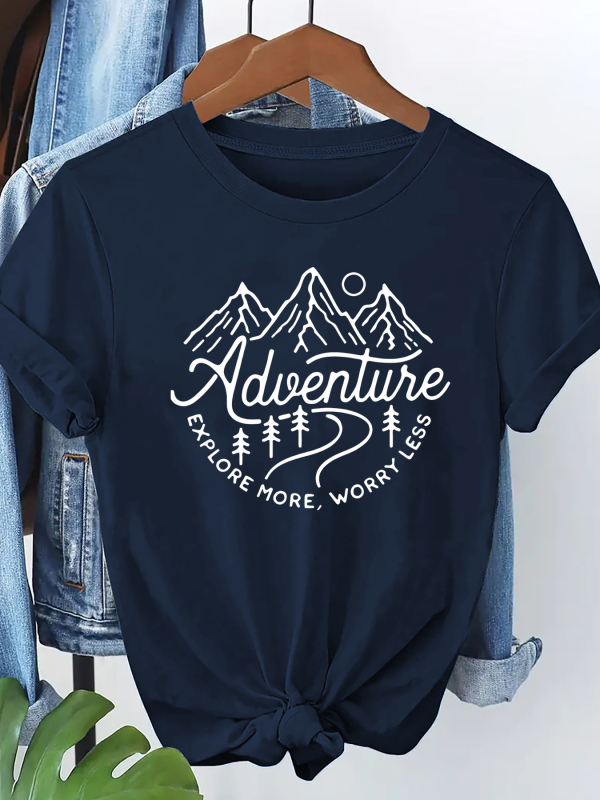 Γυναικείο T‑shirt με εκτύπωση γραμμάτων, στρογγυλή λαιμόκοψη, κοντά μανίκια, δυτικός street style
