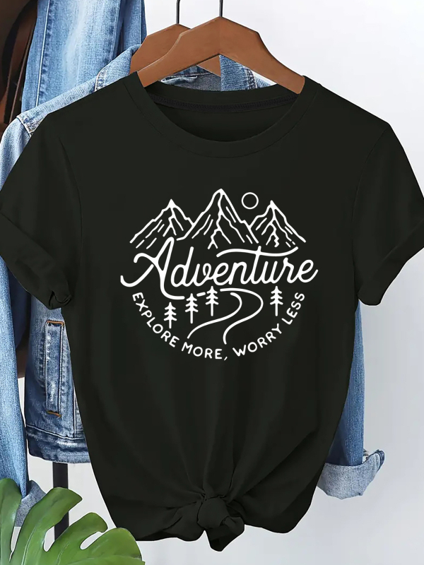 Γυναικείο T‑shirt με εκτύπωση γραμμάτων, στρογγυλή λαιμόκοψη, κοντά μανίκια, δυτικός street style