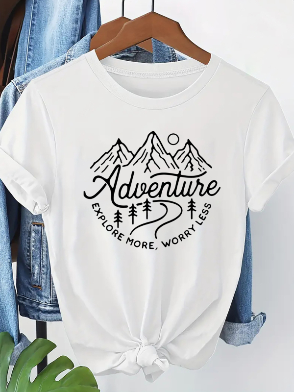 Γυναικείο T‑shirt με εκτύπωση γραμμάτων, στρογγυλή λαιμόκοψη, κοντά μανίκια, δυτικός street style