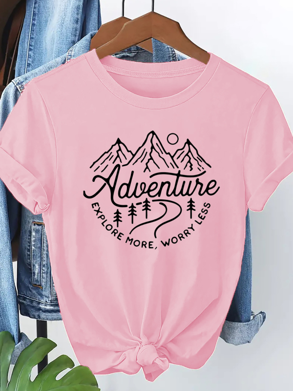 Γυναικείο T‑shirt με εκτύπωση γραμμάτων, στρογγυλή λαιμόκοψη, κοντά μανίκια, δυτικός street style