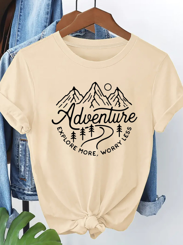 Γυναικείο T‑shirt με εκτύπωση γραμμάτων, στρογγυλή λαιμόκοψη, κοντά μανίκια, δυτικός street style