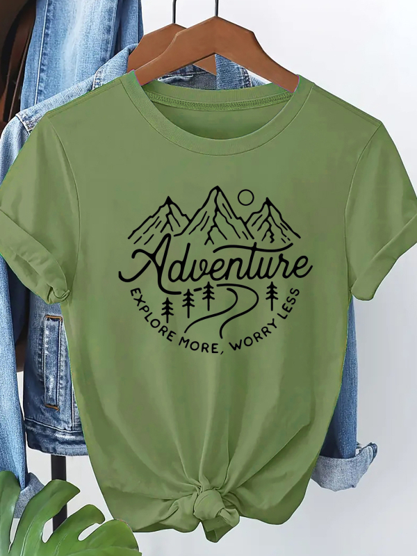 Γυναικείο T‑shirt με εκτύπωση γραμμάτων, στρογγυλή λαιμόκοψη, κοντά μανίκια, δυτικός street style