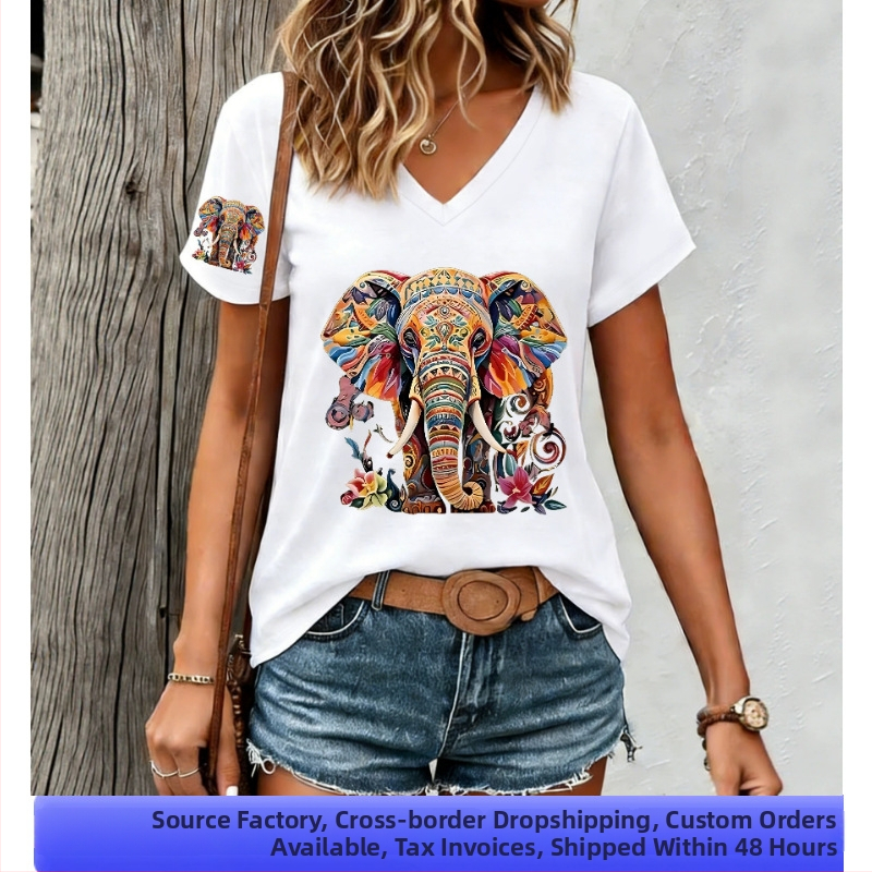 2026 T-shirt με 3D ψηφιακή εκτύπωση, κοντό μανίκι, V-λαιμό, Plus Size, Ευρωπαϊκό-Αμερικανική γραμμή