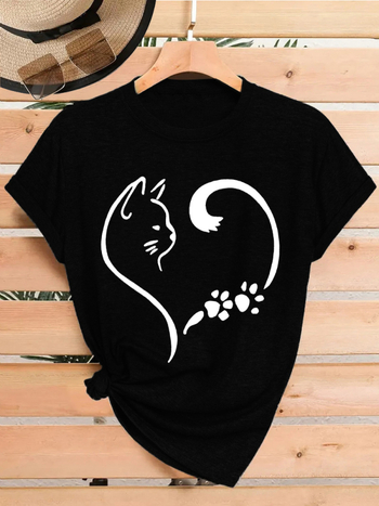 Γυναικείο κοντομάνικο T‑shirt σε στυλ Ευρώπη-Αμερική, με εκτύπωση πατου γάτας και καρδιά, καλοκαιρινό με στρογγυλό λαιμό