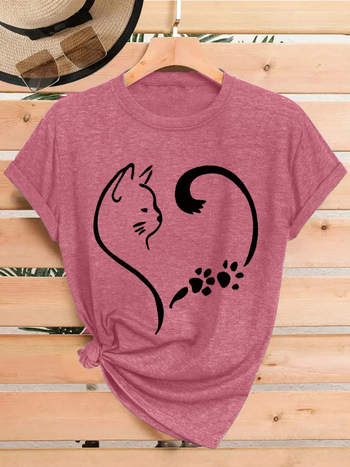 Γυναικείο κοντομάνικο T‑shirt σε στυλ Ευρώπη-Αμερική, με εκτύπωση πατου γάτας και καρδιά, καλοκαιρινό με στρογγυλό λαιμό