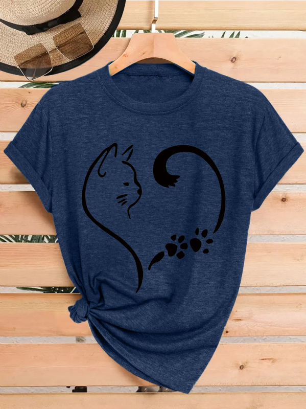 Γυναικείο κοντομάνικο T‑shirt σε στυλ Ευρώπη-Αμερική, με εκτύπωση πατου γάτας και καρδιά, καλοκαιρινό με στρογγυλό λαιμό