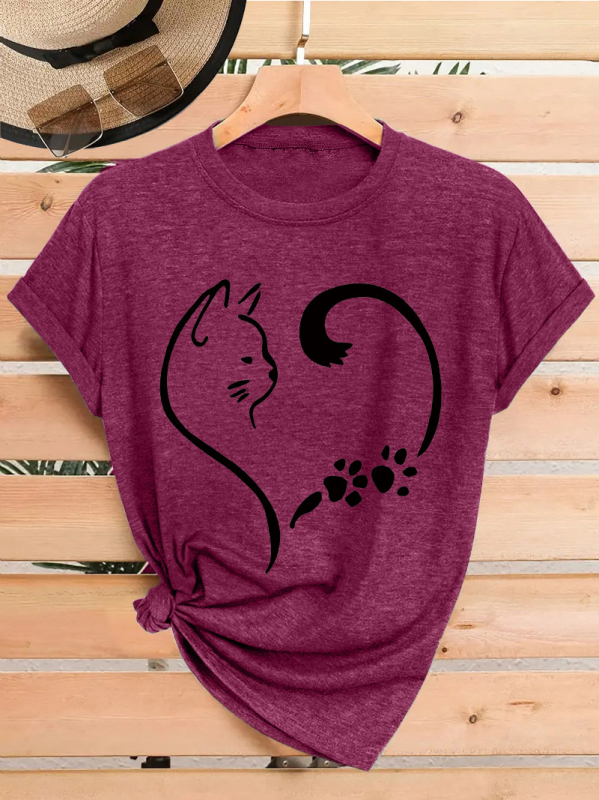Γυναικείο κοντομάνικο T‑shirt σε στυλ Ευρώπη-Αμερική, με εκτύπωση πατου γάτας και καρδιά, καλοκαιρινό με στρογγυλό λαιμό