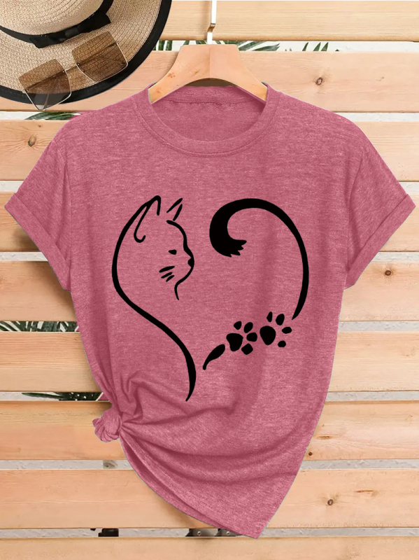 Γυναικείο κοντομάνικο T‑shirt σε στυλ Ευρώπη-Αμερική, με εκτύπωση πατου γάτας και καρδιά, καλοκαιρινό με στρογγυλό λαιμό