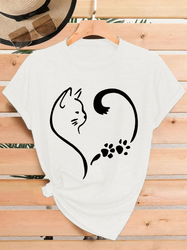 Γυναικείο κοντομάνικο T‑shirt σε στυλ Ευρώπη-Αμερική, με εκτύπωση πατου γάτας και καρδιά, καλοκαιρινό με στρογγυλό λαιμό