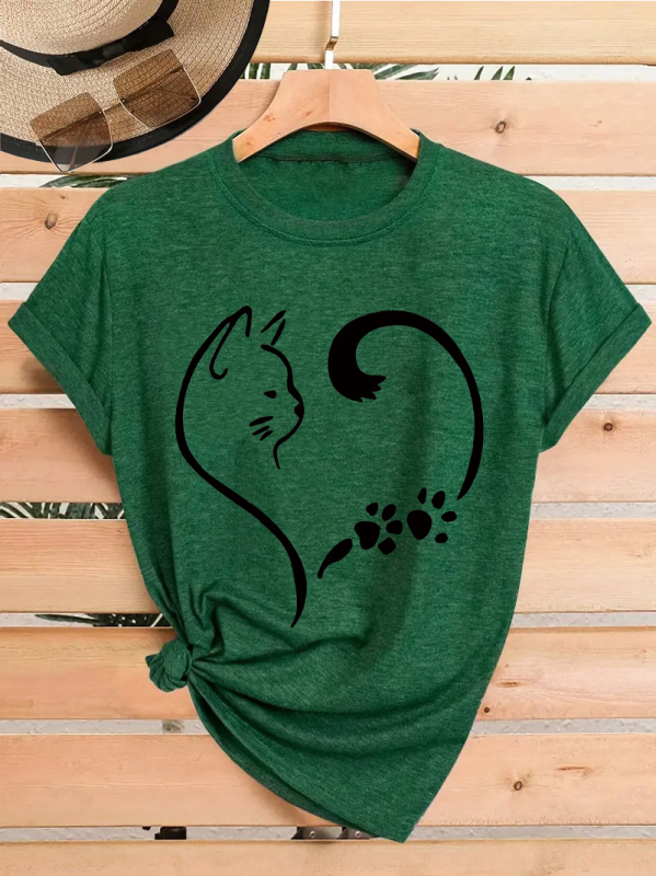 Γυναικείο κοντομάνικο T‑shirt σε στυλ Ευρώπη-Αμερική, με εκτύπωση πατου γάτας και καρδιά, καλοκαιρινό με στρογγυλό λαιμό