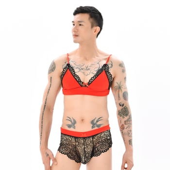 Set de lenjerie din dantelă pentru bărbați, cu sutien cu dantelă și funda, boxer briefs și pijama pentru cross-dressing
