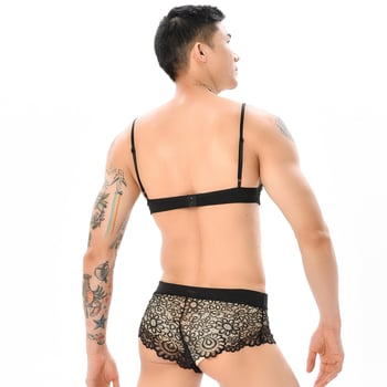 Set de lenjerie din dantelă pentru bărbați, cu sutien cu dantelă și funda, boxer briefs și pijama pentru cross-dressing