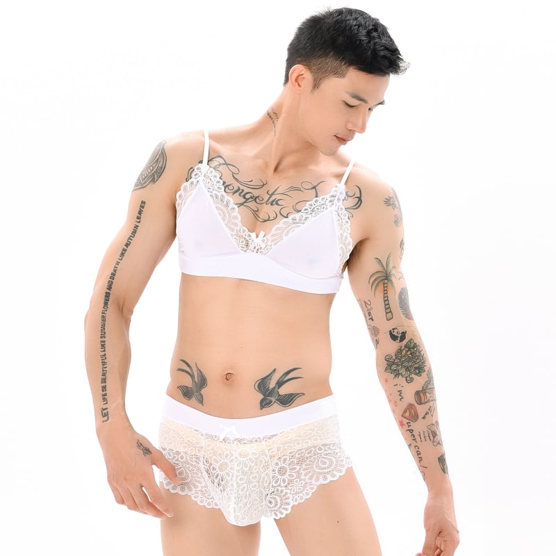Set de lenjerie din dantelă pentru bărbați, cu sutien cu dantelă și funda, boxer briefs și pijama pentru cross-dressing