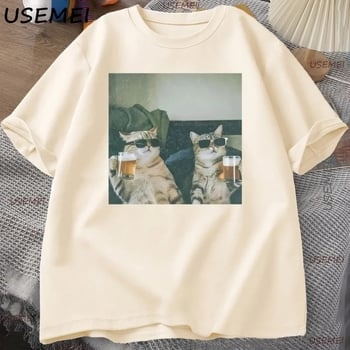 Αστεία Κούλ Γάτα Πίνει Μπύρα T-shirt, Χαλαρή Κοντό Μανίκι, Με Στρογγυλό Λαιμό