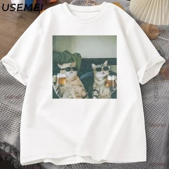 Αστεία Κούλ Γάτα Πίνει Μπύρα T-shirt, Χαλαρή Κοντό Μανίκι, Με Στρογγυλό Λαιμό