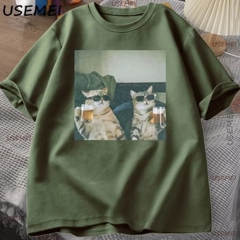 Αστεία Κούλ Γάτα Πίνει Μπύρα T-shirt, Χαλαρή Κοντό Μανίκι, Με Στρογγυλό Λαιμό