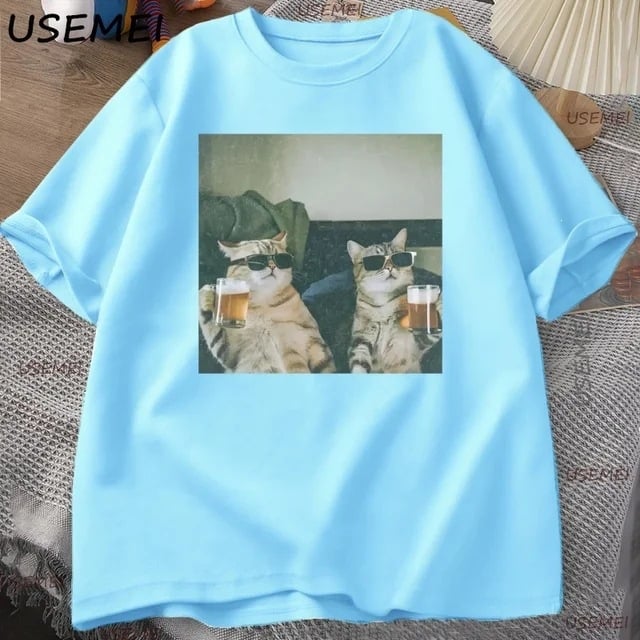 Αστεία Κούλ Γάτα Πίνει Μπύρα T-shirt, Χαλαρή Κοντό Μανίκι, Με Στρογγυλό Λαιμό