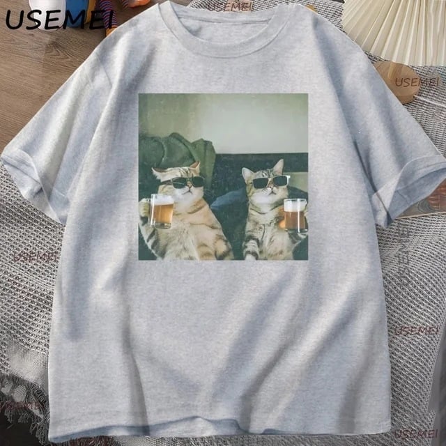 Αστεία Κούλ Γάτα Πίνει Μπύρα T-shirt, Χαλαρή Κοντό Μανίκι, Με Στρογγυλό Λαιμό