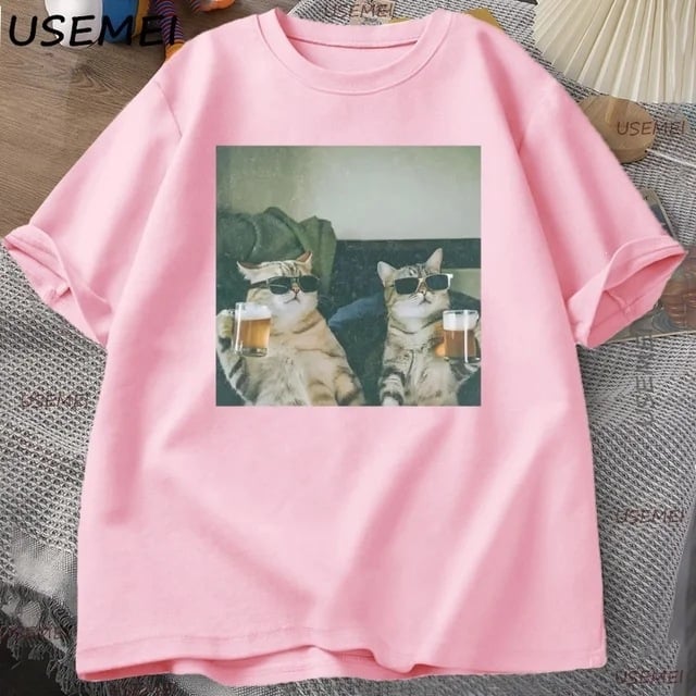 Αστεία Κούλ Γάτα Πίνει Μπύρα T-shirt, Χαλαρή Κοντό Μανίκι, Με Στρογγυλό Λαιμό