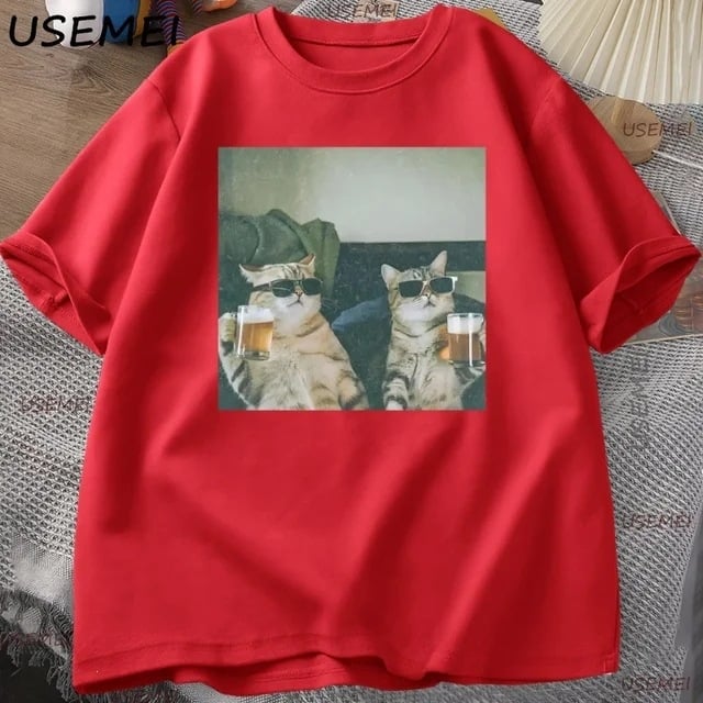 Αστεία Κούλ Γάτα Πίνει Μπύρα T-shirt, Χαλαρή Κοντό Μανίκι, Με Στρογγυλό Λαιμό