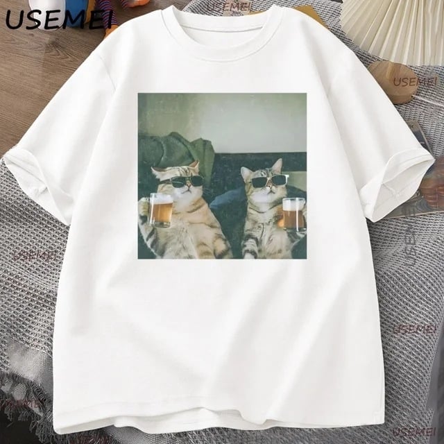 Αστεία Κούλ Γάτα Πίνει Μπύρα T-shirt, Χαλαρή Κοντό Μανίκι, Με Στρογγυλό Λαιμό