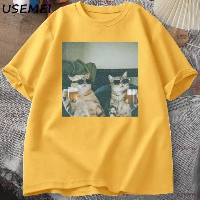 Αστεία Κούλ Γάτα Πίνει Μπύρα T-shirt, Χαλαρή Κοντό Μανίκι, Με Στρογγυλό Λαιμό