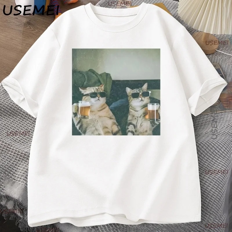 Αστεία Κούλ Γάτα Πίνει Μπύρα T-shirt, Χαλαρή Κοντό Μανίκι, Με Στρογγυλό Λαιμό