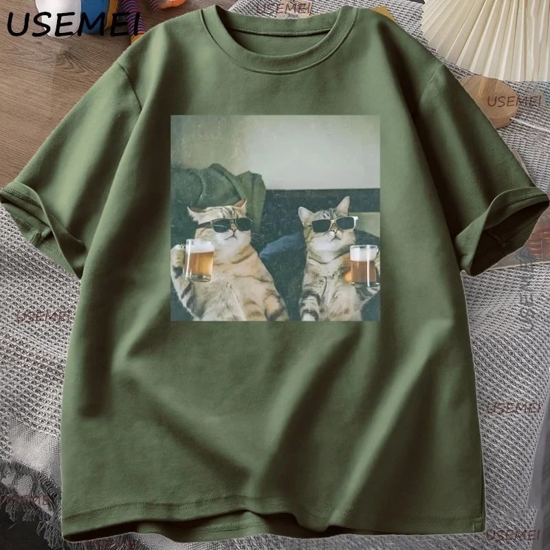 Αστεία Κούλ Γάτα Πίνει Μπύρα T-shirt, Χαλαρή Κοντό Μανίκι, Με Στρογγυλό Λαιμό
