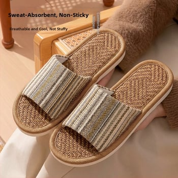 Unisex papuče v japonskom štýle z ľanovej tkaniny do domácnosti, protišmykové, tiché, priedušné, odvádzajú pot, s pruhovaným vzorom, celoročné vnútorné papuče