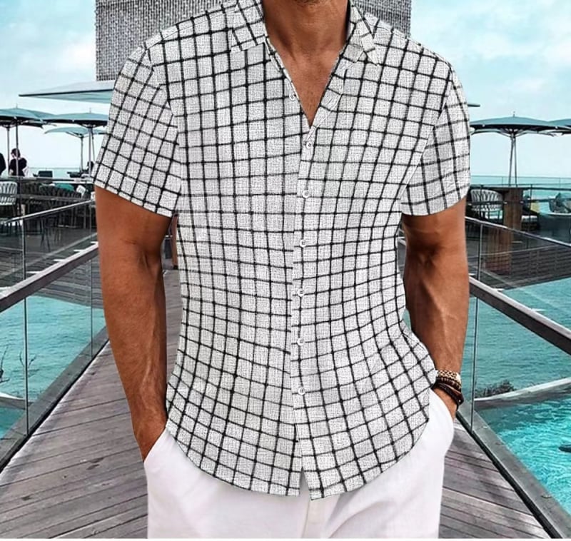 Ανδρικό κοντομάνικο πουκάμισο με καρό και 3D ψηφιακή εκτύπωση — άνετο καλοκαίρι, μεγάλου μεγέθους