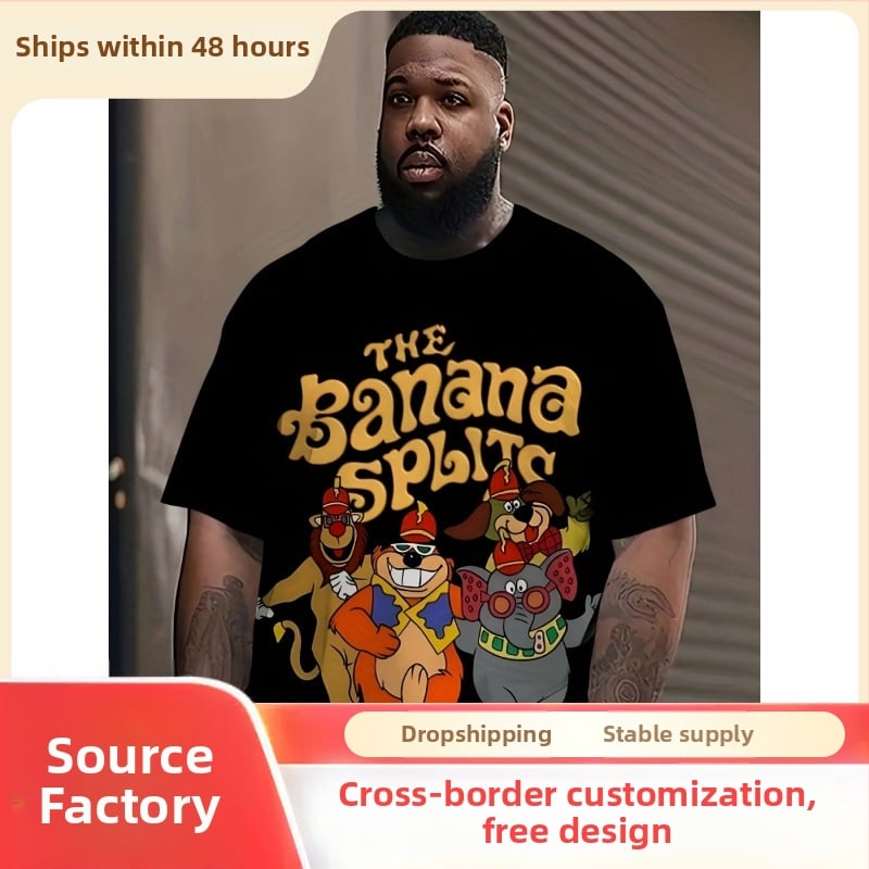 Μεγάλου μεγέθους ανδρικό T‑shirt σε μαύρο χρώμα με κοντά μανίκια και στρογγυλή λαιμόκοψη, εκτύπωση ζωικών χαρακτήρων σε χιπ-χοπ στυλ Banana Split