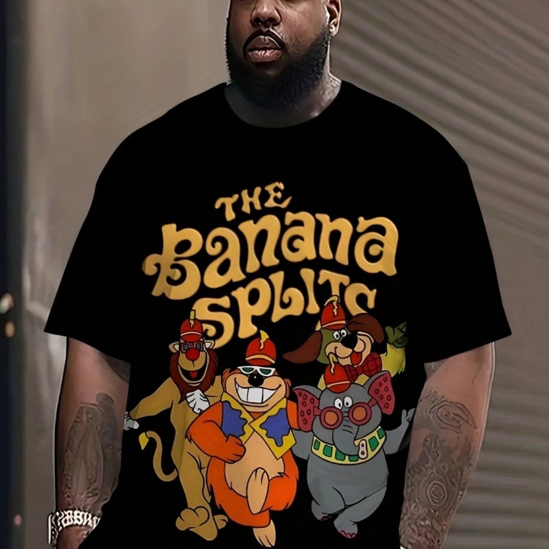 Μεγάλου μεγέθους ανδρικό T‑shirt σε μαύρο χρώμα με κοντά μανίκια και στρογγυλή λαιμόκοψη, εκτύπωση ζωικών χαρακτήρων σε χιπ-χοπ στυλ Banana Split
