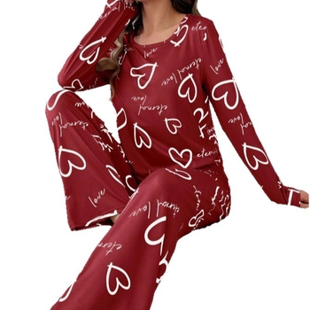 Set de pijamale pentru femei cu imprimeu inimă — top cu mânecă lungă și pantaloni lungi, confortabil pentru casă