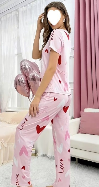 Set de pijamale pentru femei cu imprimeu inimă — top cu mânecă lungă și pantaloni lungi, confortabil pentru casă