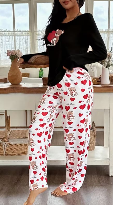 Set de pijamale pentru femei cu imprimeu inimă — top cu mânecă lungă și pantaloni lungi, confortabil pentru casă