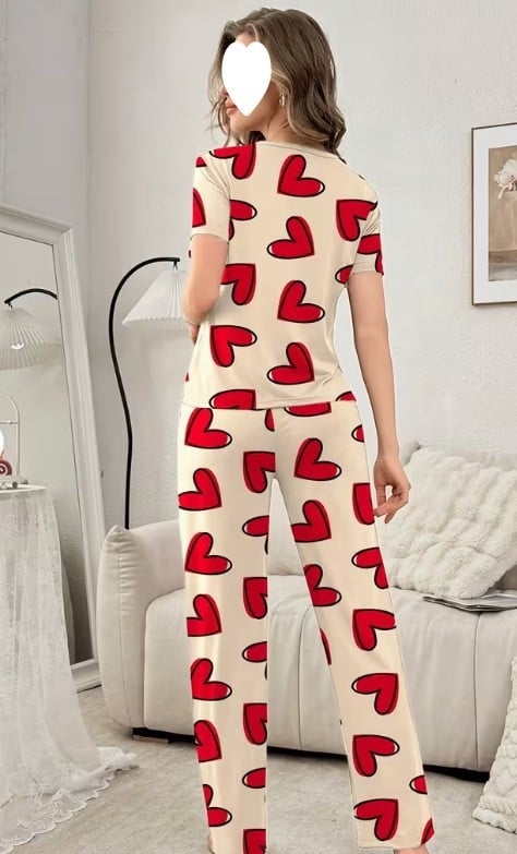 Set de pijamale pentru femei cu imprimeu inimă — top cu mânecă lungă și pantaloni lungi, confortabil pentru casă