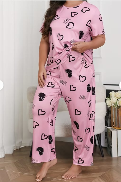 Set de pijamale pentru femei cu imprimeu inimă — top cu mânecă lungă și pantaloni lungi, confortabil pentru casă