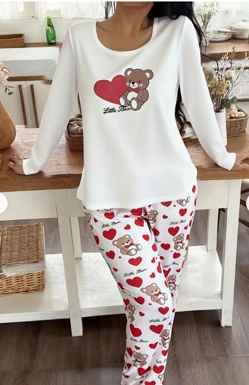 Set de pijamale pentru femei cu imprimeu inimă — top cu mânecă lungă și pantaloni lungi, confortabil pentru casă