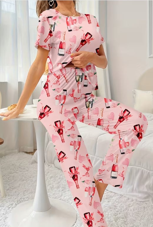 Set de pijamale pentru femei cu imprimeu inimă — top cu mânecă lungă și pantaloni lungi, confortabil pentru casă