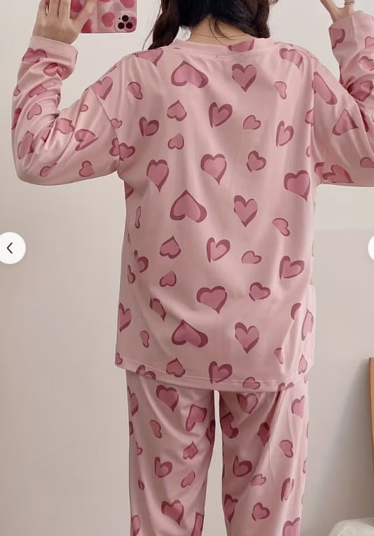 Set de pijamale pentru femei cu imprimeu inimă — top cu mânecă lungă și pantaloni lungi, confortabil pentru casă